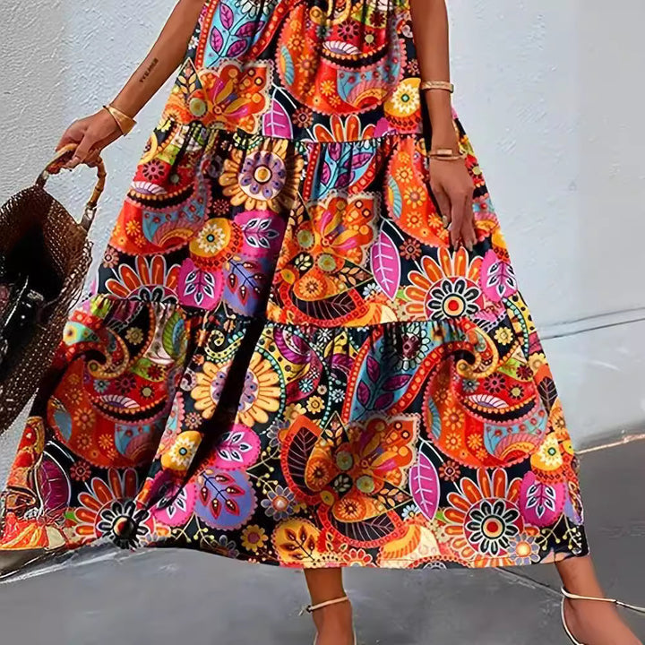 Women's layered Boho maxi dress with V-neck and gathered underbust seam Mune Fashion
