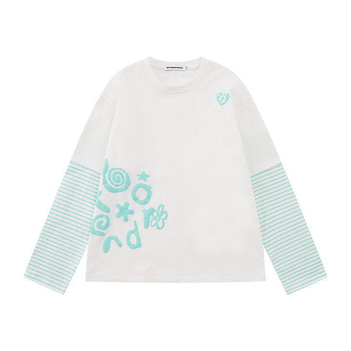 Women's Layered Long Sleeve Shirt in Layer Look with Striped Insert Sleeves and Playful Graphic Doodle Print Mune Fashion