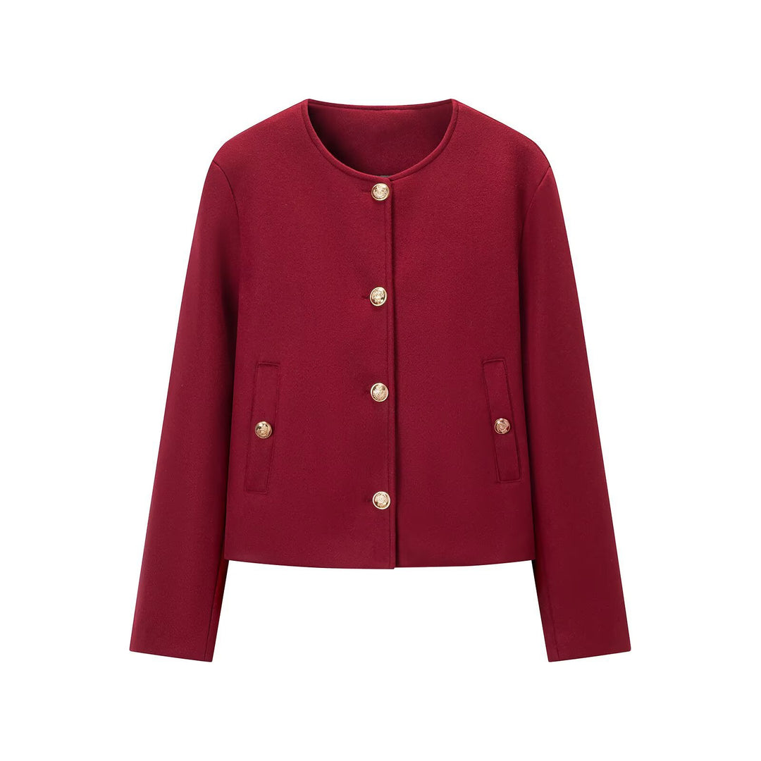 Women’s short jacket in boxy cut with round neck and gold decorative buttons Mune Fashion
