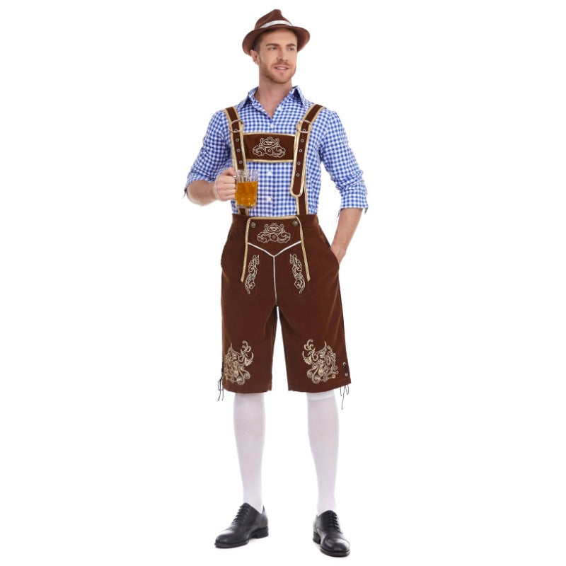 Men's faux-felt leather knee-length pants with baroque embroidery, adjustable straps, and decorative rivets Mune Fashion