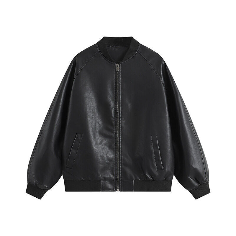 Men's Oversize Faux Leather Bomber Jacket with Raglan Sleeves, Zipper and Ribbed Cuffs Mune Fashion