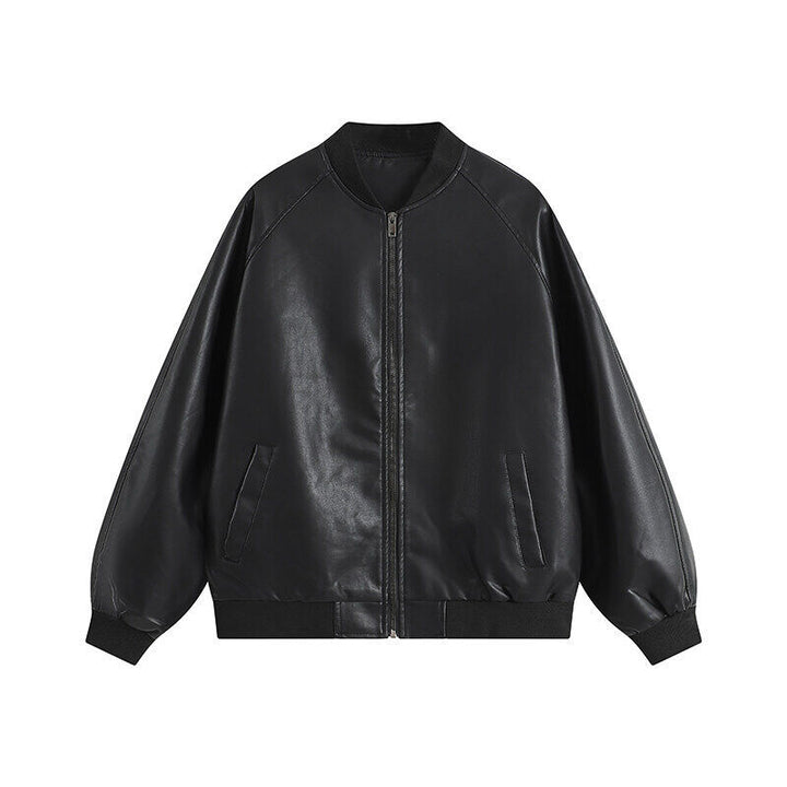 Men's Oversize Faux Leather Bomber Jacket with Raglan Sleeves, Zipper and Ribbed Cuffs Mune Fashion