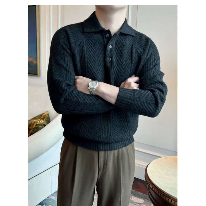 Men's Polo Collar Cable Knit Sweater with Half Button Placket Mune Fashion