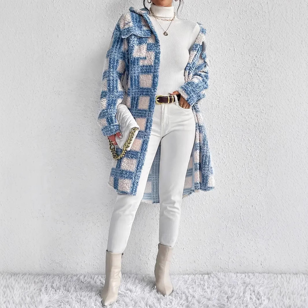 Women's teddy coat with large check pattern, shirt collar, and button closure Mune Fashion