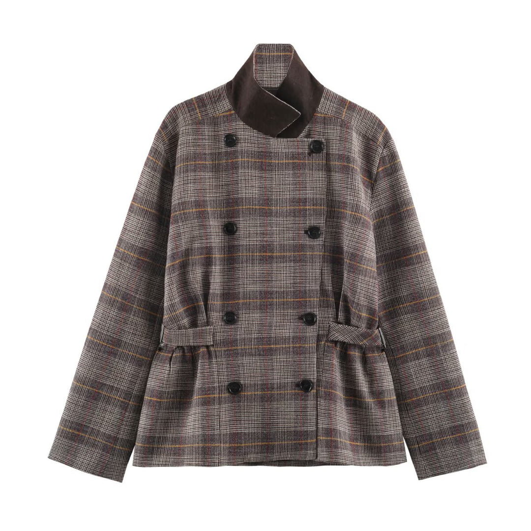 Ladies Short Double-Breasted Tailored Check Jacket with Stand Collar and Waist Straps Mune Fashion