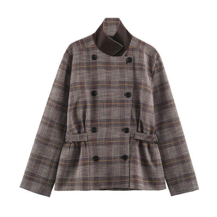 Ladies Short Double-Breasted Tailored Check Jacket with Stand Collar and Waist Straps Mune Fashion