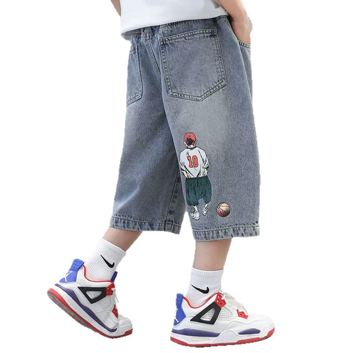 Boys casual denim shorts with cool basketball design Mune Fashion