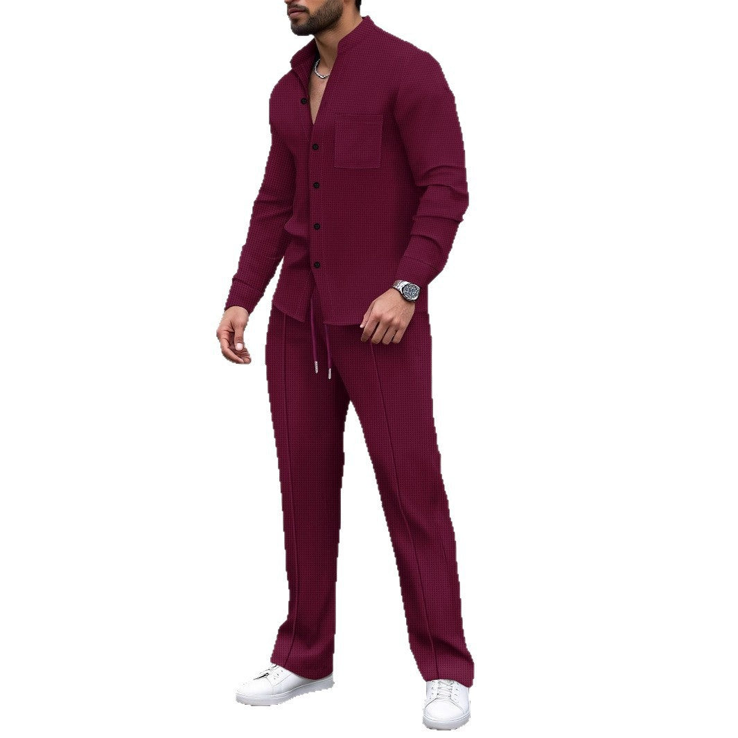 Men's Casual Shirt-Pant Lounge Set Made of Textured Cotton Blend Mune Fashion