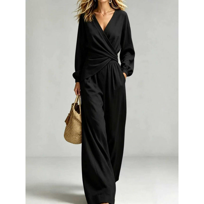 Women's Wrap Jumpsuit with Wide Leg and V-Neck Mune Fashion