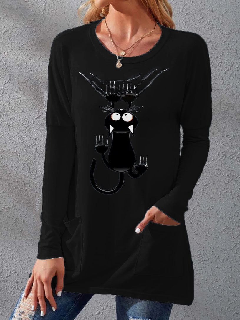 Women’s Longer Cotton Blend Tunic Shirt with Cartoon Cat Print and Side Pockets Mune Fashion