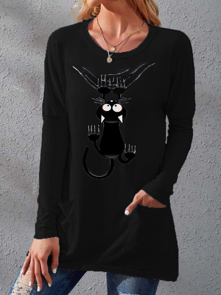 Women’s Longer Cotton Blend Tunic Shirt with Cartoon Cat Print and Side Pockets Mune Fashion