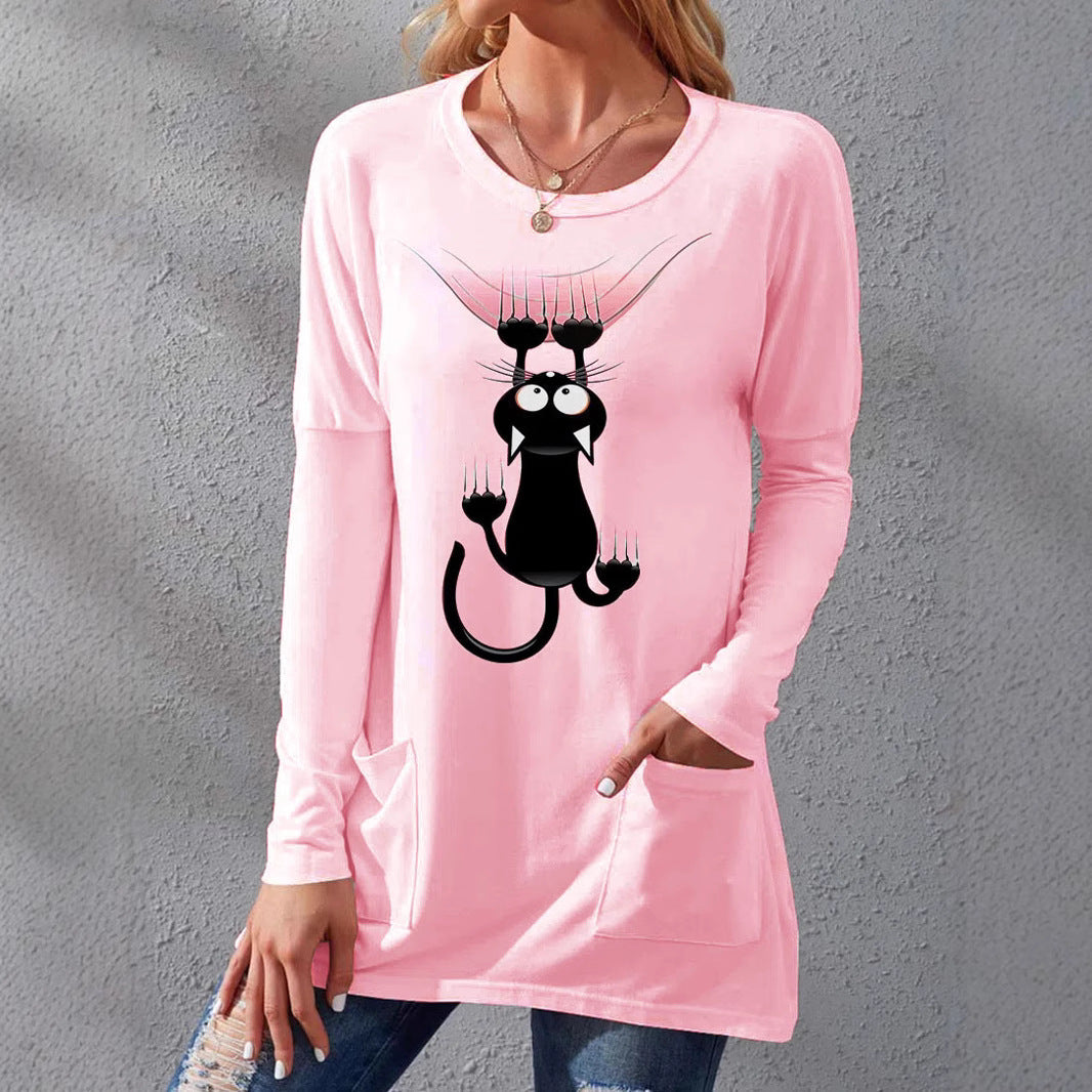 Women’s Longer Cotton Blend Tunic Shirt with Cartoon Cat Print and Side Pockets Mune Fashion