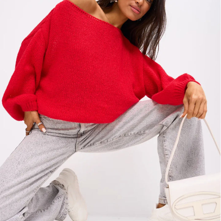 Women's Off-Shoulder Mohair-Look Oversized Sweater with Drop Shoulders and Short Hem Mune Fashion