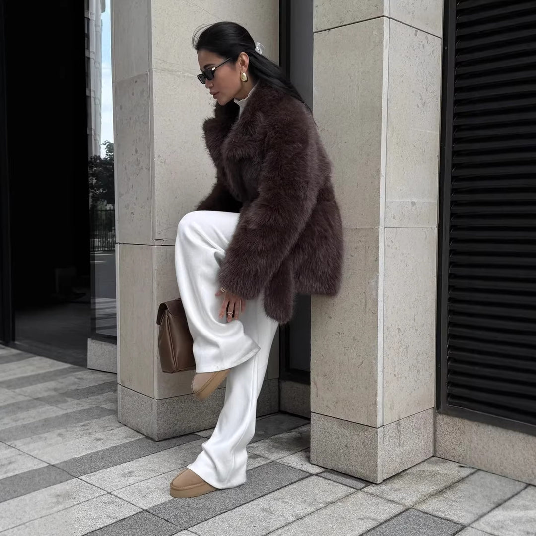 Women Boxy Short Coat made of extra fluffy high pile with wrap belt Mune Fashion