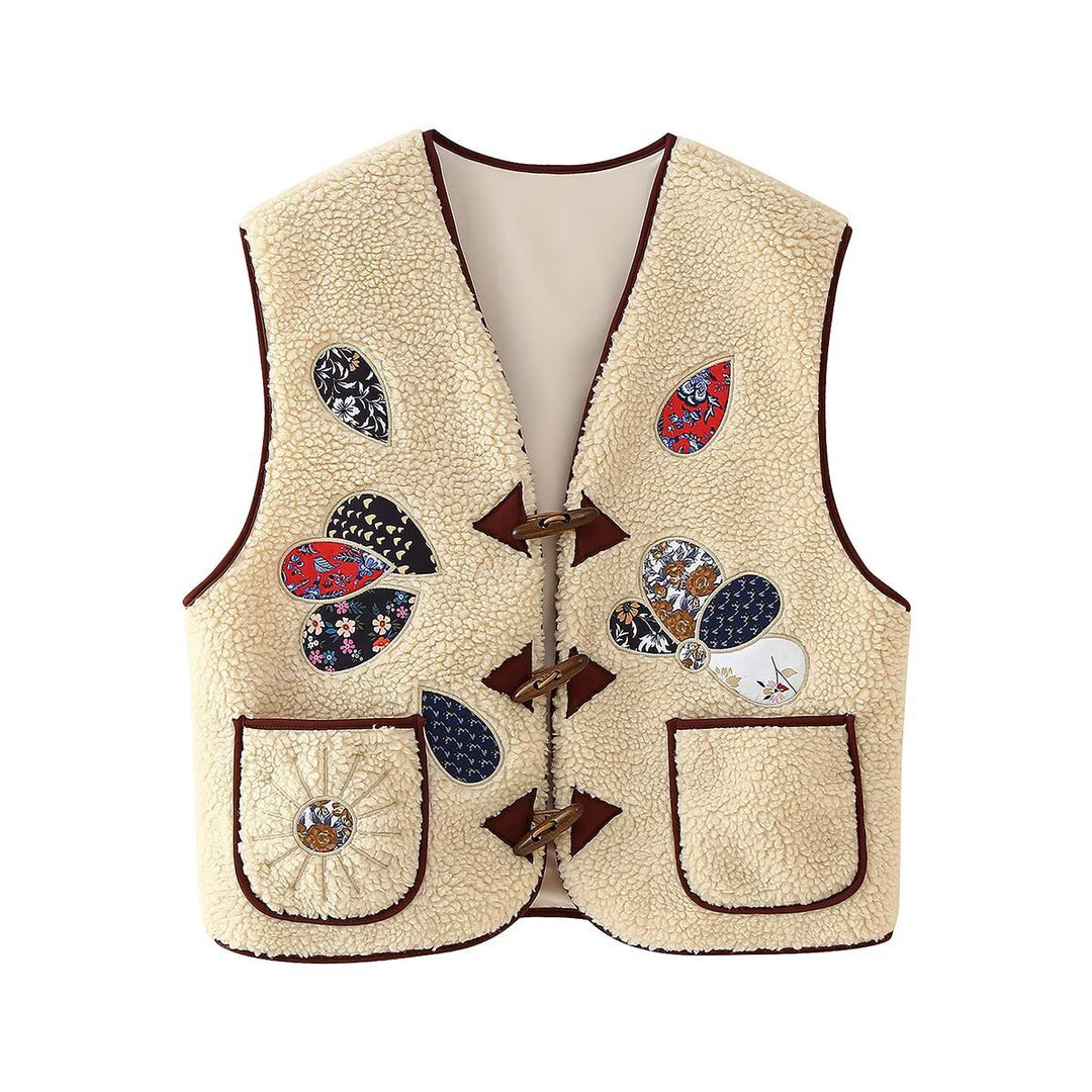 Ladies Padded Teddy Vest with Patchwork Applications and Toggle Closures Mune Fashion