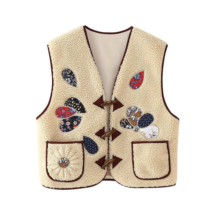 Ladies Padded Teddy Vest with Patchwork Applications and Toggle Closures Mune Fashion