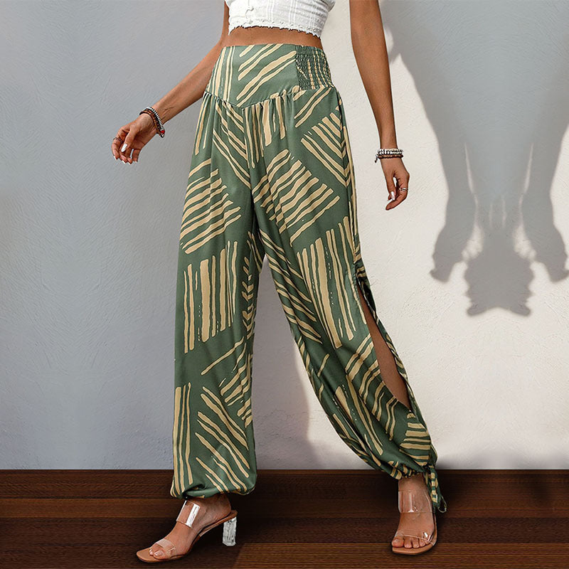 Women's Wide Harem Pants with High Smocked Waistband, Side Leg Slits and Knot Finish Mune Fashion