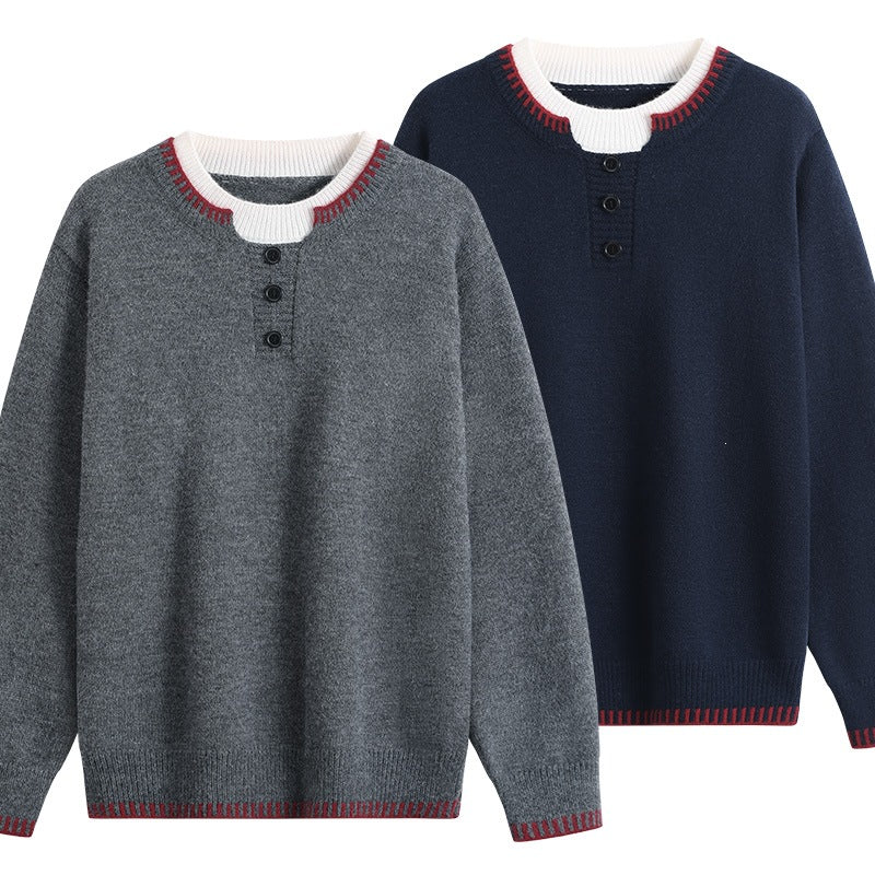 Unisex fine knit henley sweater with contrasting ribbed collar & three-button placket Mune Fashion