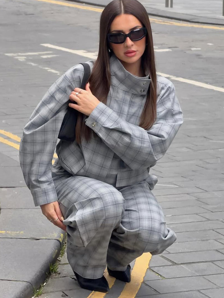 Women's Oversize Check Two-Piece from Tailormix with Stand-up Collar Mune Fashion