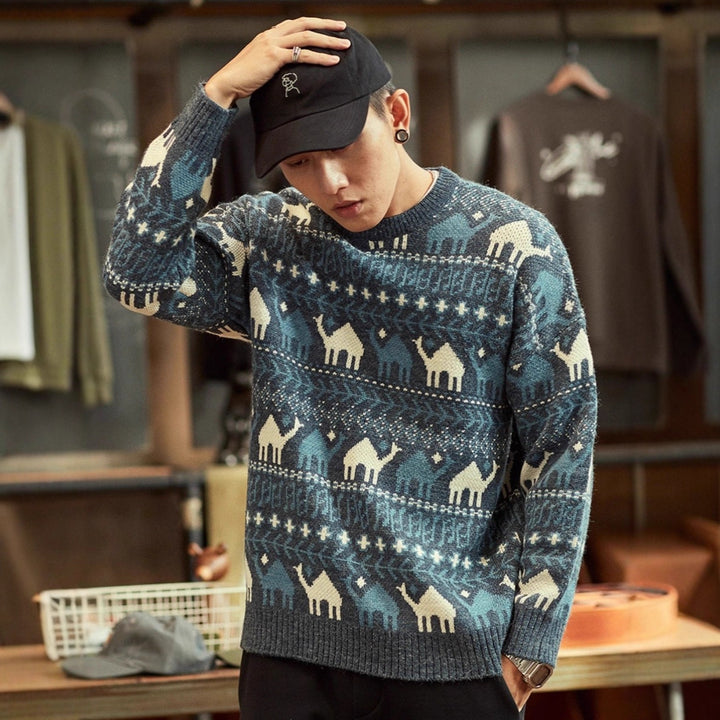 Men's knit pullover with camel jacquard pattern and ribbed hem Mune Fashion