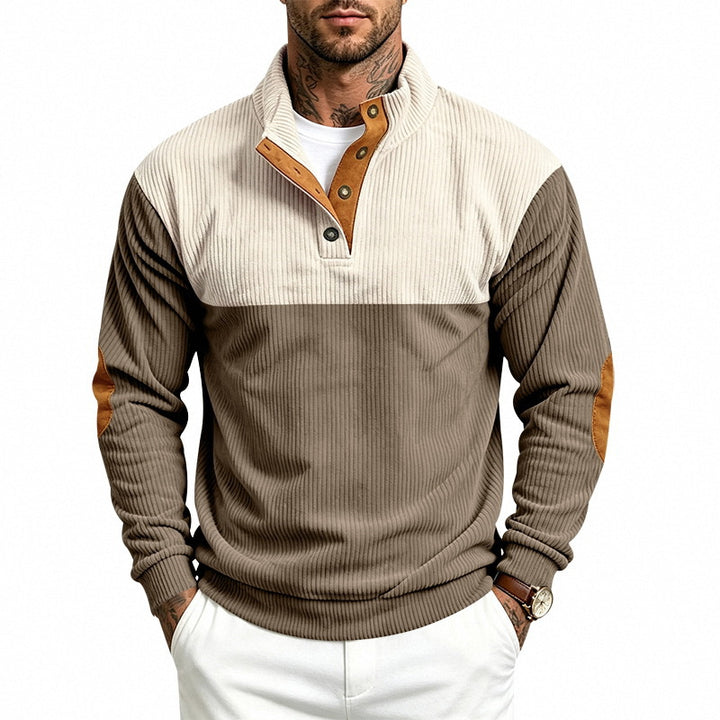 Men's Ribbed Stand-Up Collar Sweater with Button Placket, Contrast Trim and Elbow Patches Mune Fashion