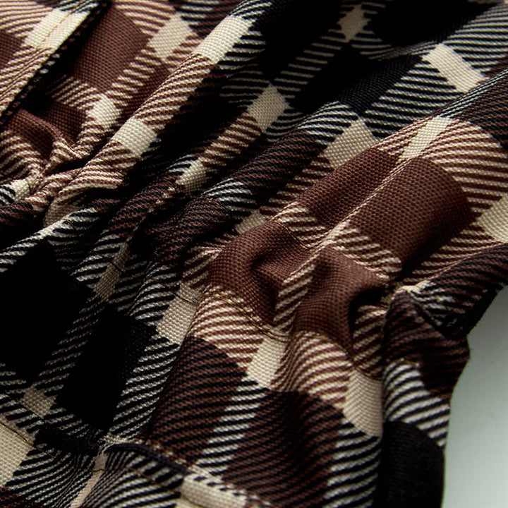 Women's checkered transitional jacket with faux leather shawl collar, waist drawstring and patch pockets Mune Fashion