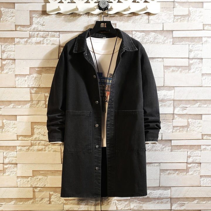 Men's long overshirt coat made of denim with snap button placket and patch pockets Mune Fashion