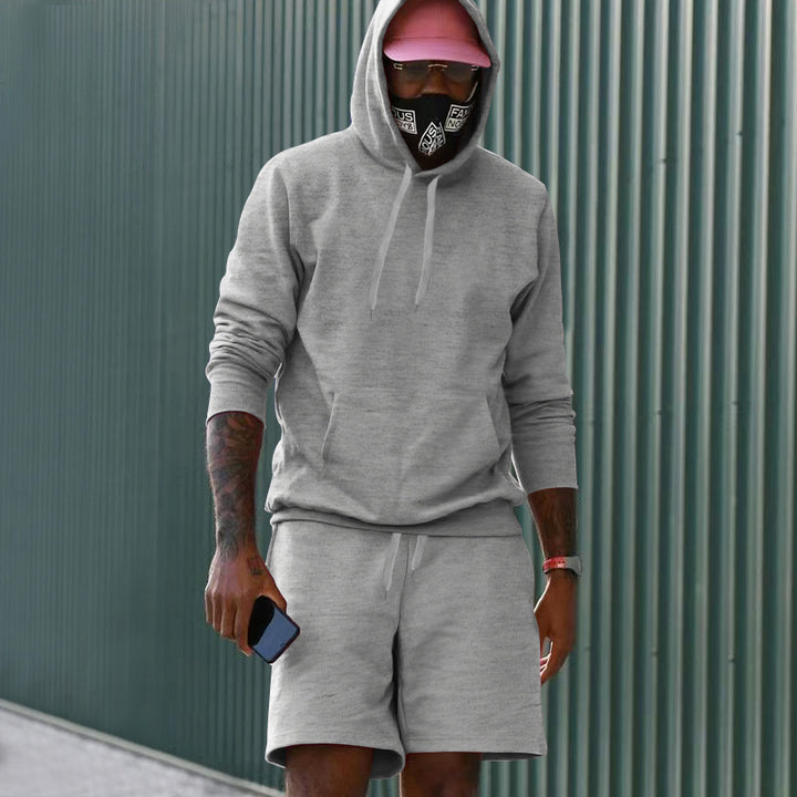 Men's two-piece leisure set hoodie and sweat shorts made of French Terry with kangaroo pocket and drawstring Mune Fashion