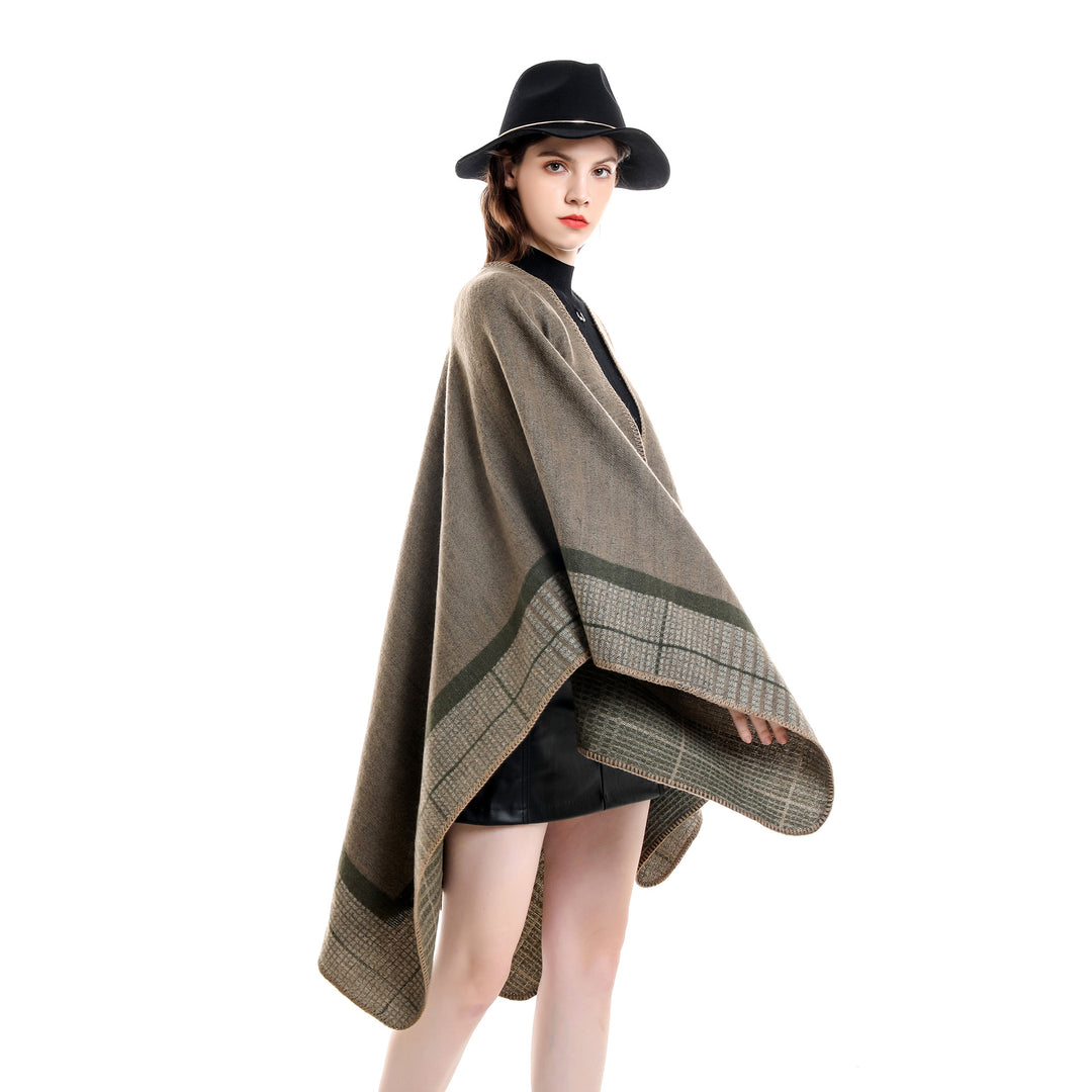 Women's wool blend poncho in asymmetric pointed cut with woven check border Mune Fashion