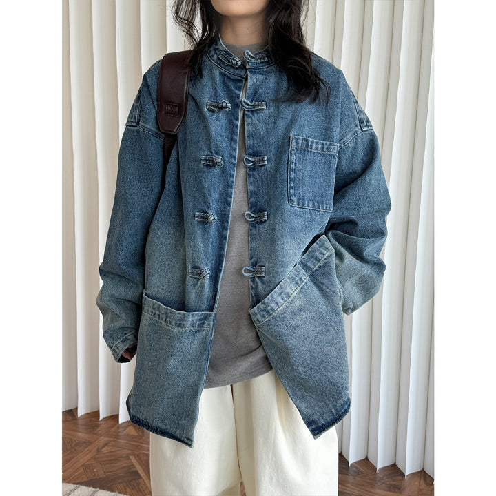 Women’s Oversized Utility-Style Denim Jacket with Mandarin Collar and Toggle Fastenings Mune Fashion