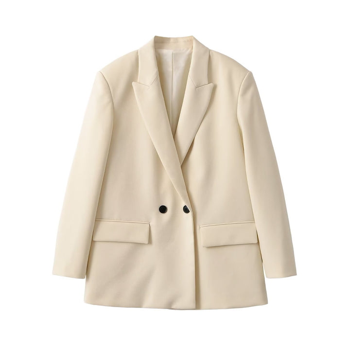 Women's Double Breasted Long Blazer with Lapel Collar, Tailored Fit and Patch Pockets