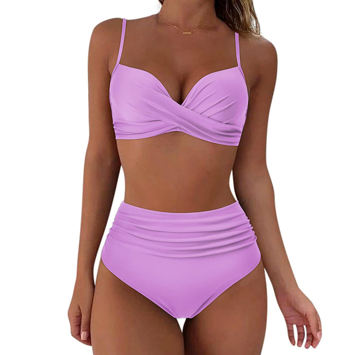Women's High-Waisted Bikini Set with Floral Top and Gathered Bottom Mune Fashion