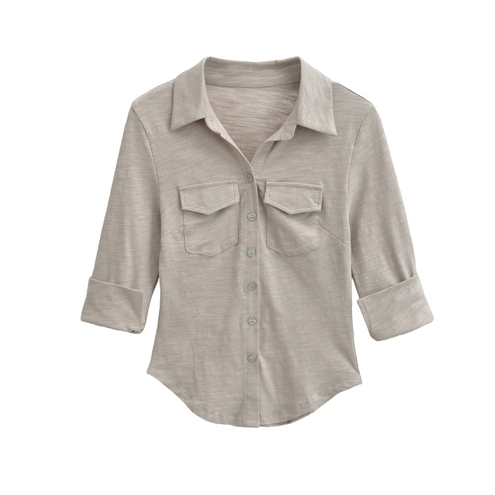 Women’s blouse shirt made of soft jersey with patch breast pockets and three-quarter sleeves Mune Fashion
