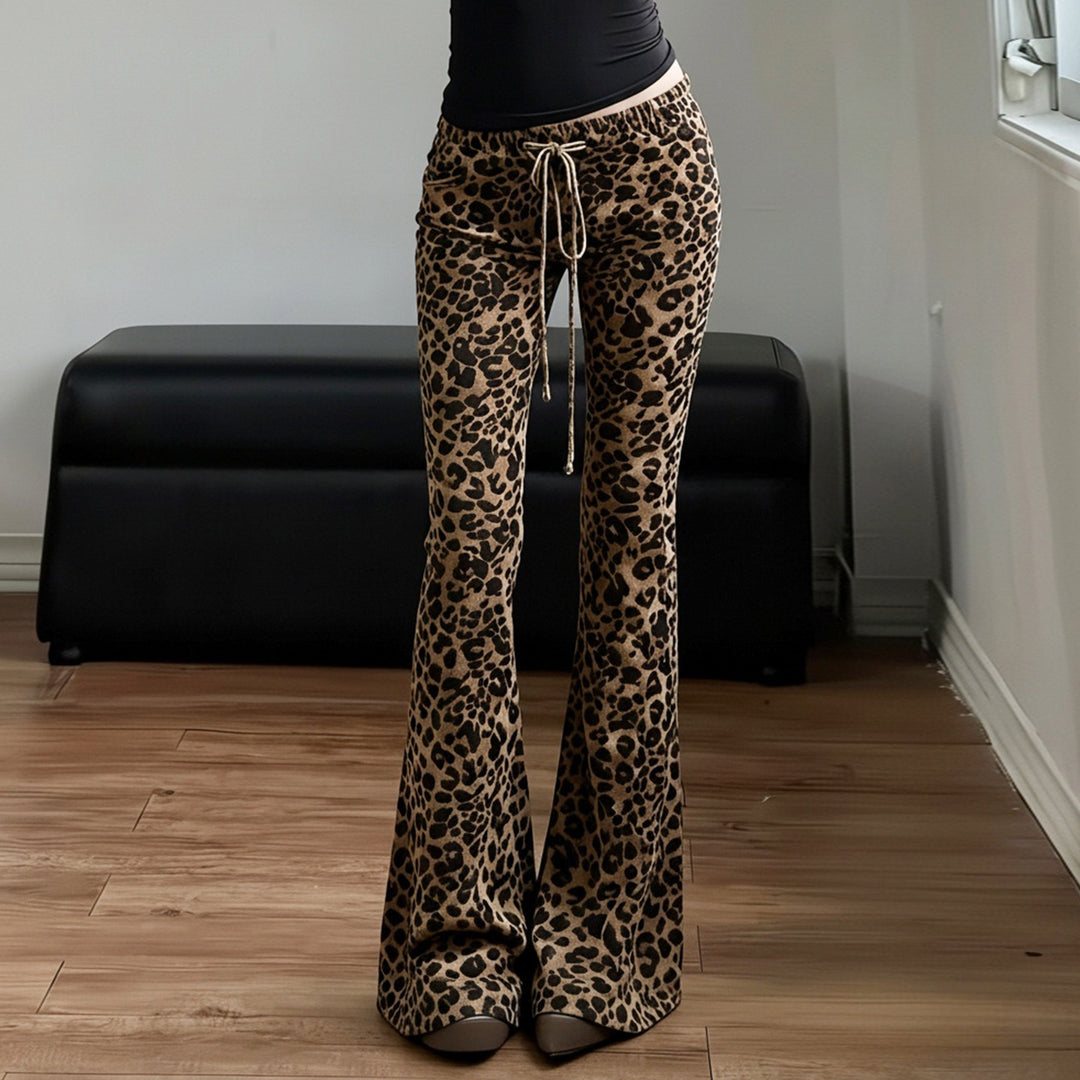 Women's Leopard Print Flared Pants with Drawstring and Comfort Waist Mune Fashion