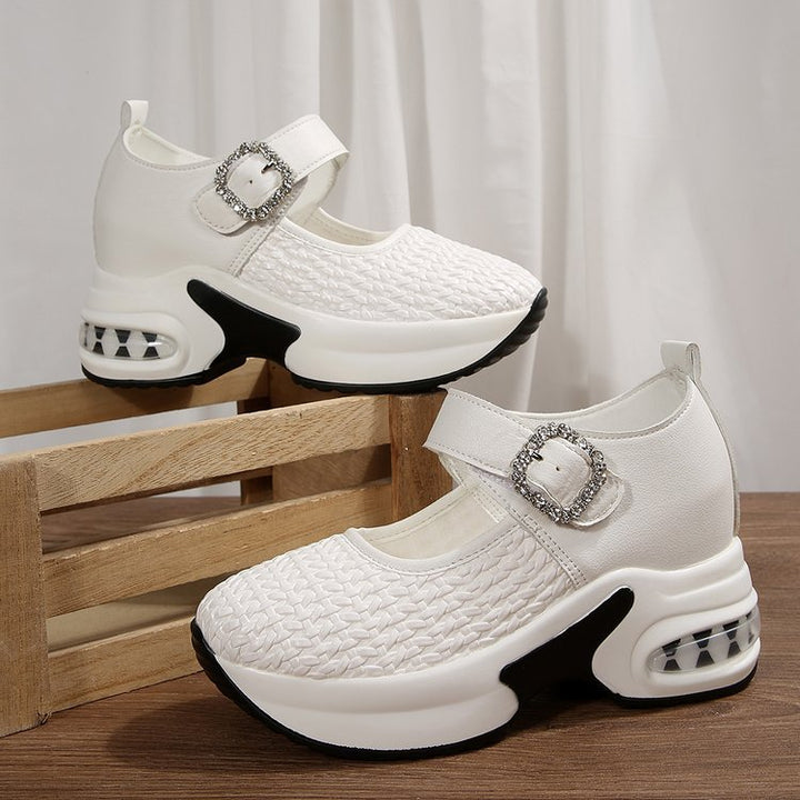 Women's Platform Sneaker Mules with Knitted Upper, Decorative Straps and Sculpted Air Sole Mune Fashion