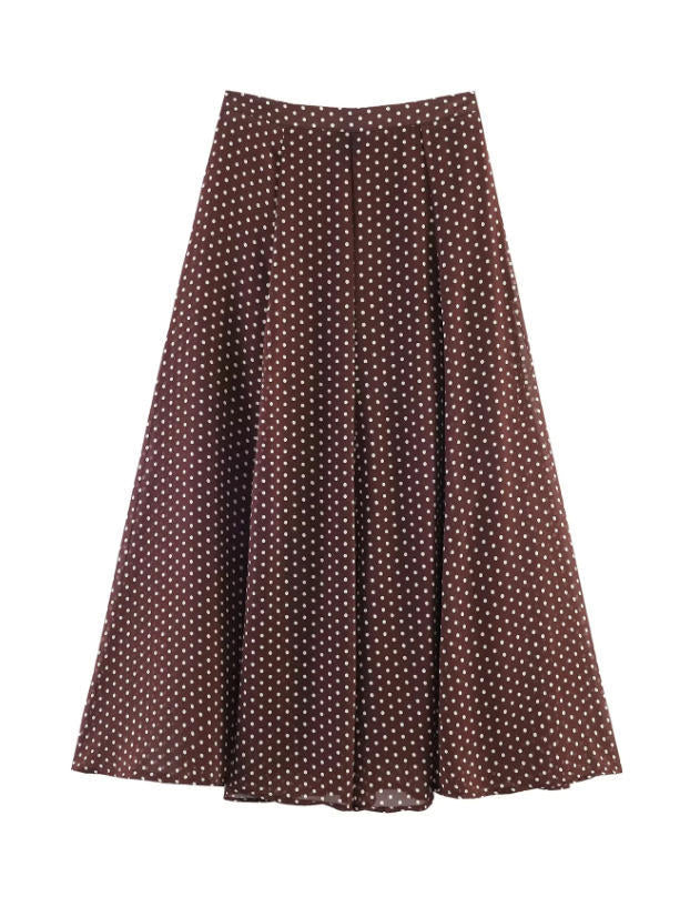 Women's Two-Piece Polka Dot Set with Stand Collar Blouse and Flared Midi Skirt Mune Fashion
