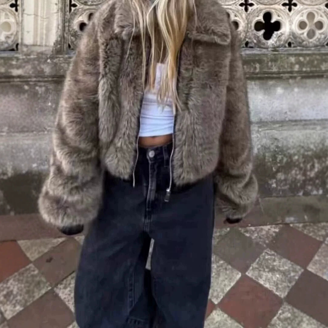 Women's Short Faux Fur Bomber Jacket with Voluminous Shawl Collar and Zipper Mune Fashion