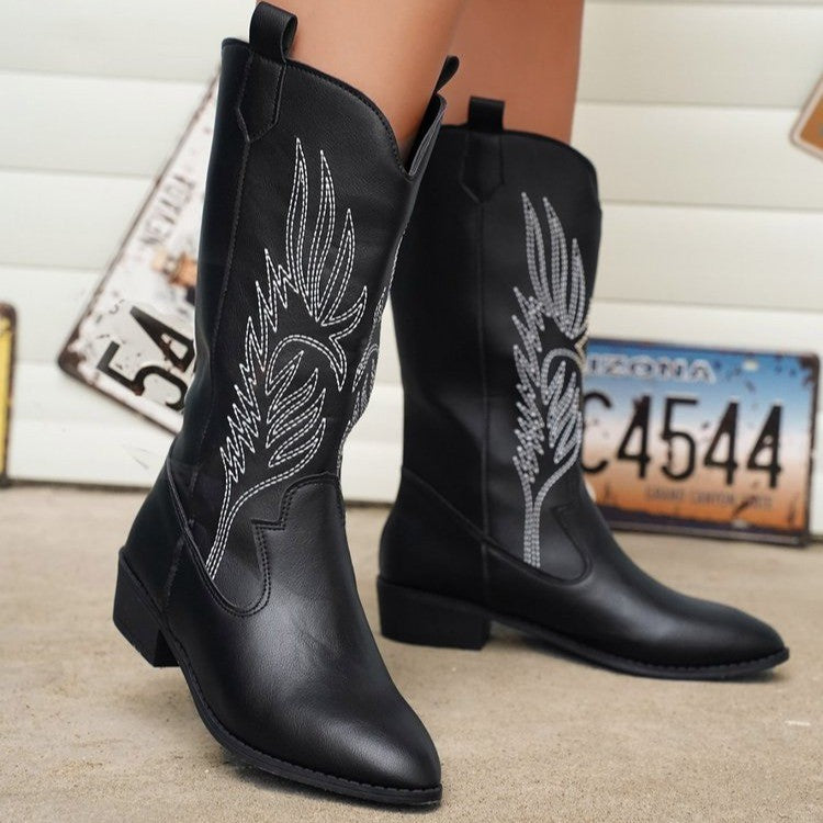 Women's Cowgirl Knee-High Boots with Decorative Embroidery, Pull-Tabs and Comfortable Block Heel Mune Fashion