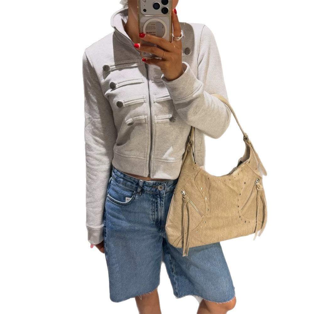 Women Short-Cut Sweat Jacket in Military Look with Stand-Up Collar Mune Fashion