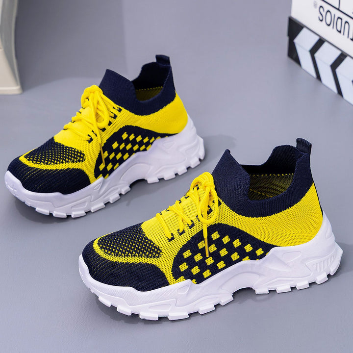 Women’s lightweight knit chunky sneakers with sock-like shaft, padded heel support, and grippy trail outsole Mune Fashion