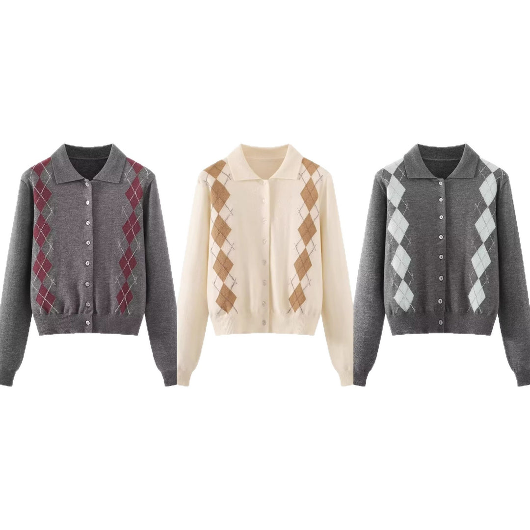 Women's fine knit cardigan with argyle pattern, polo collar, and tailored cropped fit Mune Fashion