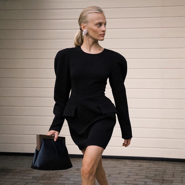 Women Tailored Minidress with Structured Shoulders, Long Sleeves and Suggested Peplum Mune Fashion