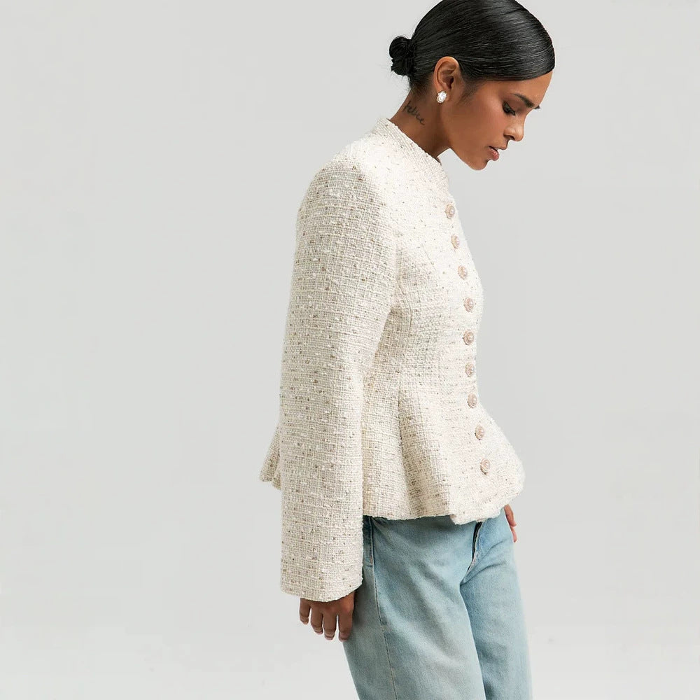 Women's Boucle Blazer with Stand Collar and Fitted Peplum Silhouette Mune Fashion