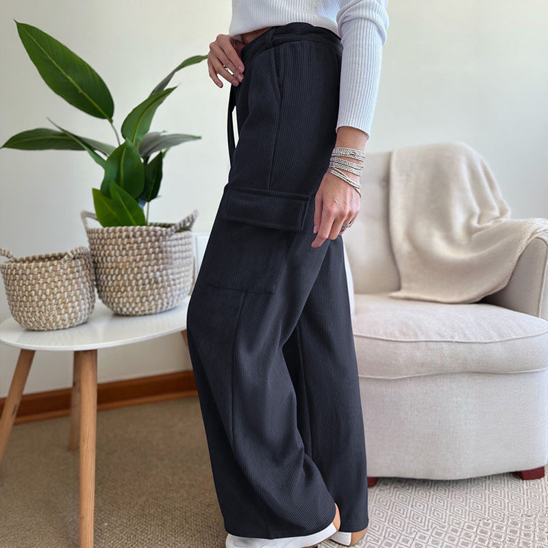 Women's Wide High-Waist Pants with Fabric Belt and Cargo Pockets Mune Fashion