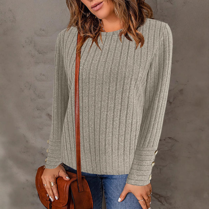 Women Ribbed Fine Knit Sweater with Round Neck and Mother of Pearl Button Cuffs Mune Fashion