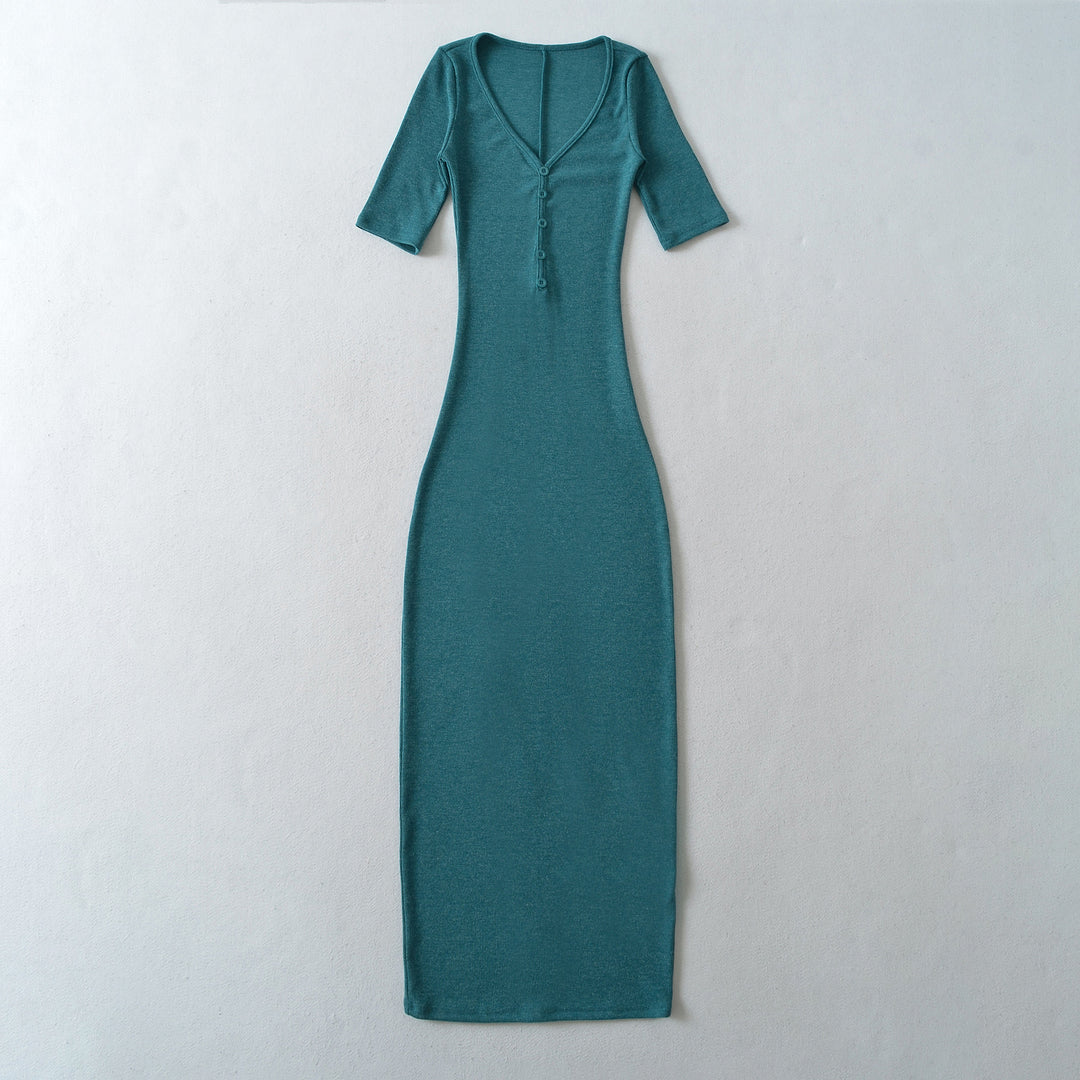Women's Fitted Midi Dress made of Rib Knit with Button Placket and Half-Length Sleeves Mune Fashion