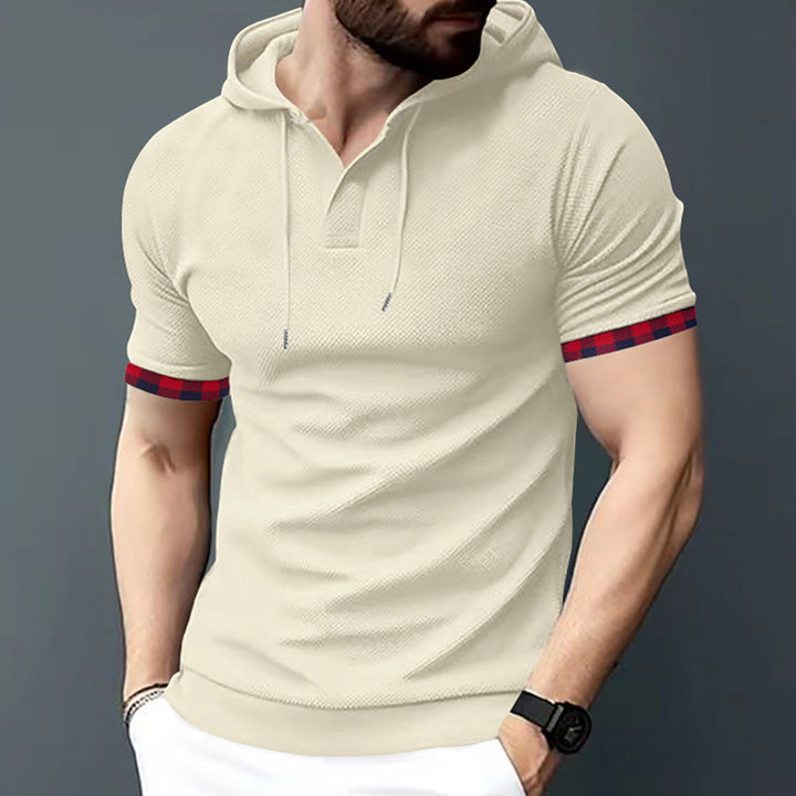 Men's fitted short sleeve hooded polo shirt with Henley placket and drawstring Mune Fashion
