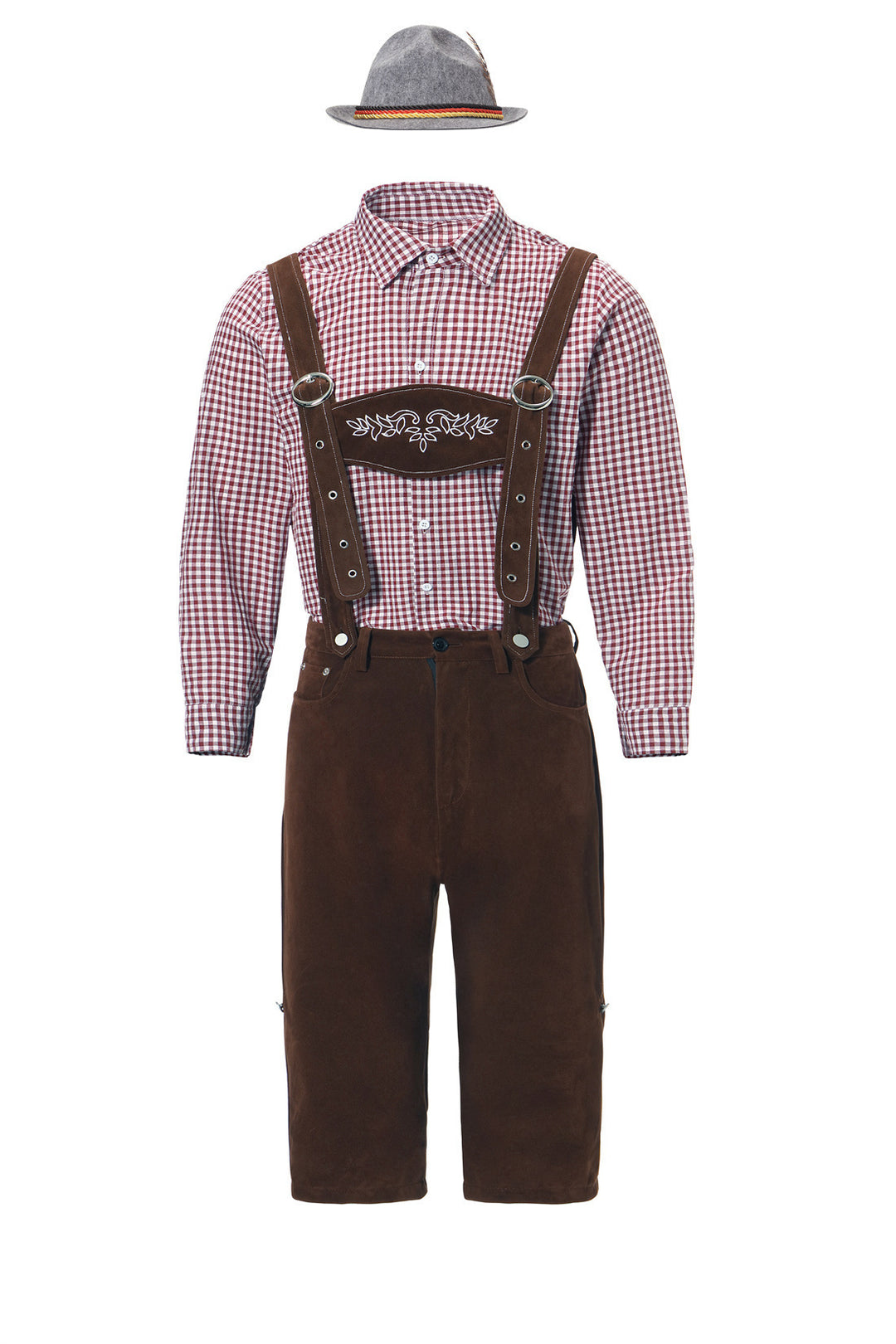 Men's short traditional leather trousers in suede look with embroidered bib and adjustable straps Mune Fashion