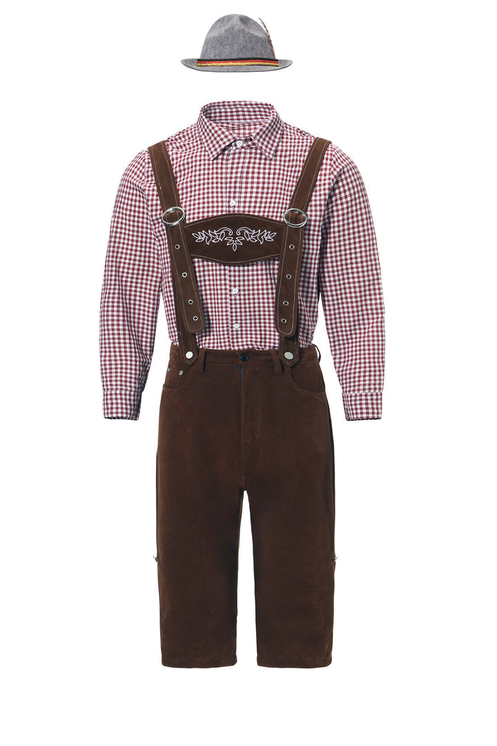 Men's short traditional leather trousers in suede look with embroidered bib and adjustable straps Mune Fashion