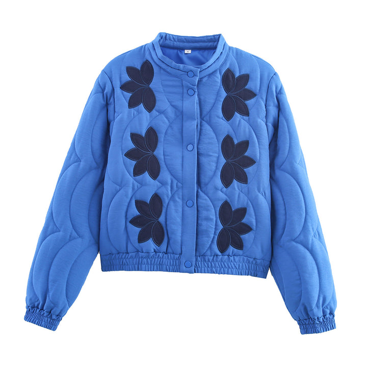 Women Short Cut Padded Jacket with Floral Appliqués and Elastic Hem Mune Fashion